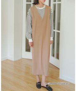 ノースリーブ | タンクワンピース 秋物 レディース ワンピース サイドポケット Vネック バックスリット入れ 20代50代 通学通勤 無地 大人 2022秋冬