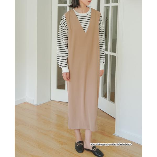 ノースリーブ | タンクワンピース 秋物 レディース ワンピース サイドポケット Vネック バックスリット入れ 20代50代 通学通勤 無地 大人 2022秋冬