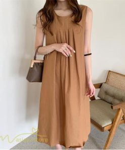 マキシ | ワンピース ノースリーブ 夏服 麻混 リネン混 春夏 カジュアル Aラインワンピース 綿麻 レディース フリーサイズ 夏 ロング丈 ギャザー きれいめ 無地