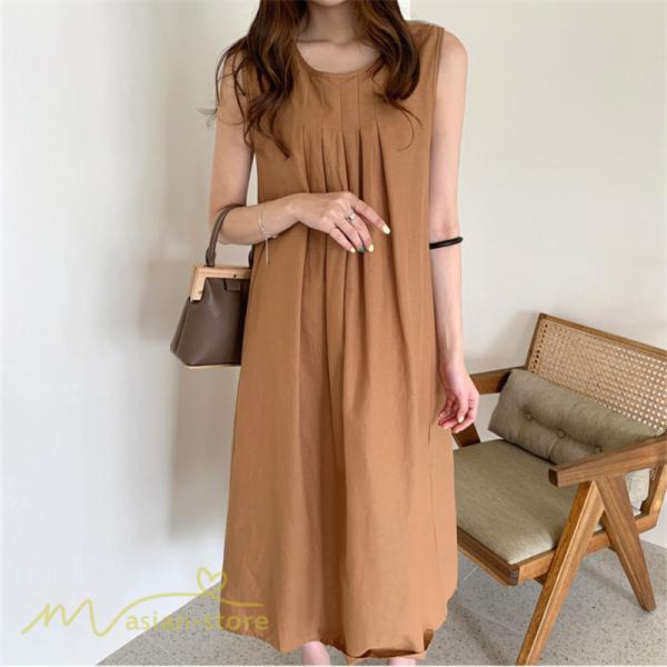 マキシ | ワンピース ノースリーブ 夏服 麻混 リネン混 春夏 カジュアル Aラインワンピース 綿麻 レディース フリーサイズ 夏 ロング丈 ギャザー きれいめ 無地