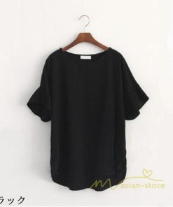 送料無料SALE | Tシャツ レディース 綿麻 ロングｔ 無地 トップス 可愛い フレア袖 ｔシャツ 半袖 ティー 丸ネック 女っぽい シンプル 30代40代 プルオーバー カジュアル 大人