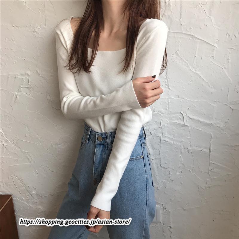 ニット・セーター | カットソー ニット レディース リブニット 長袖 秋冬 春 トップス スリム ストレッチ インナー 無地 長袖ニット 着痩せ 長袖カットソー 通学通勤 プルオーバー