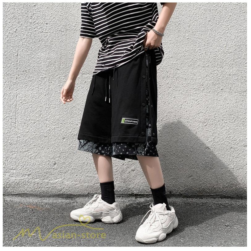 ハーフパンツ ショート | ハーフパンツ メンズ ショート丈 新作 夏コーデ おしゃれ 重ね着 レイヤード風 白 黒 日常感 カジュアル 運動着 ワイドパンツ ゆったり スウェットパンツ 着回し