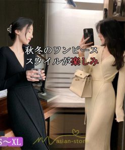 ニットワンピース | ワンピース 春 春服 レディース 長袖 ゆったり 秋 冬 ｖネック 着痩せ スリット 旅行 女子会 デート 20代30代40代50代 お出かけ