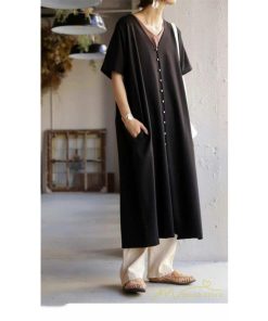 マキシ | ワンピース 五分袖 ロングワンピース レディース 秋物 夏 羽織り ゆったり 大きめ ポケット Aラインワンピース 30代40代50代 無地 可愛い 落ち感 Vネック 大人