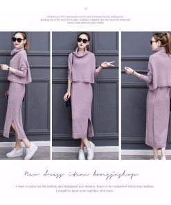 在庫ある | 短納期ニットワンピース ニットトップス 2点セット セットアップ タイトワンピース 裾スリット ハイネックショート丈トップス 長袖 シルエット OL カットソー