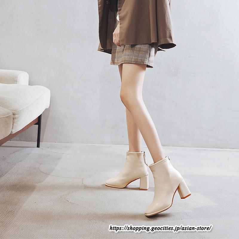 ショートブーツ | レディース 裏起毛あり 裏起毛なし スクエアトゥ ブーツ チャンキーヒール 太ヒール 後ろファスナー ミドルヒール 大人 靴 シューズ 黒ブーツ