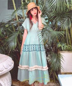 マキシ | ワンピース エスニック 綿麻 エスニックファッション 春ワンピ 夏ワンピ コットン リネン かわいい おしゃれ ハイウエスト バカンス 刺繍 Vネック リゾート 旅行