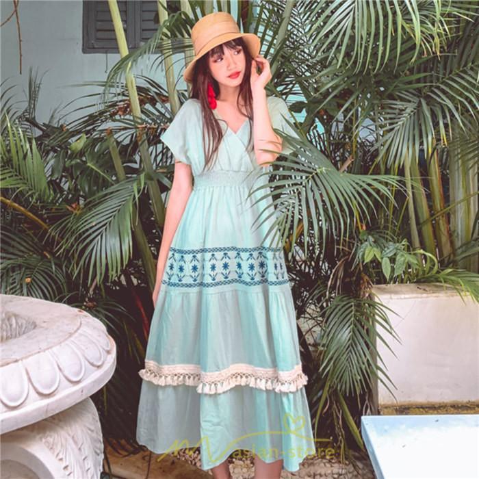 マキシ | ワンピース エスニック 綿麻 エスニックファッション 春ワンピ 夏ワンピ コットン リネン かわいい おしゃれ ハイウエスト バカンス 刺繍 Vネック リゾート 旅行
