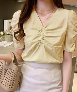 シャツ・ブラウス | シャツ ブラウス レディース バルーンスリーブ 半袖ブラウス Vネック トップス ファッション 無地 シャーリング サマー 通学 通勤 着痩せ 着回し 2020夏新作