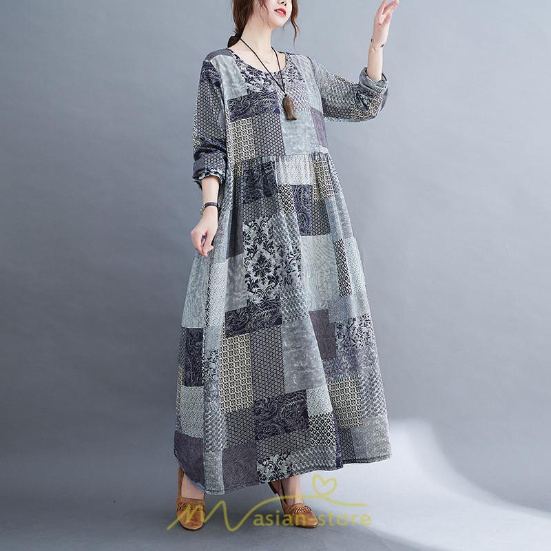 マキシ | 長袖ワンピース 秋物 レディース ロングワンピース チェック 夏 30代40代 大人 秋ワンピース 新作 ワンピース ゆったり 広い裾 Aラインワンピ 可愛い 旅行