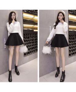 スカート | 秋冬ツイードフレアミニウエストゴム Aラインハイウエスト 無地 黒可愛い 膝上丈 大人 30代