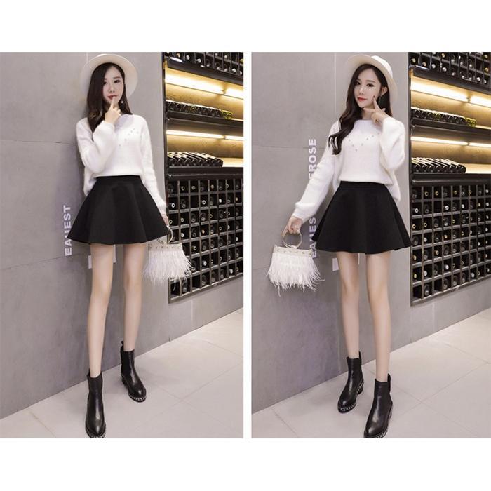 スカート | 秋冬ツイードフレアミニウエストゴム Aラインハイウエスト 無地 黒可愛い 膝上丈 大人 30代