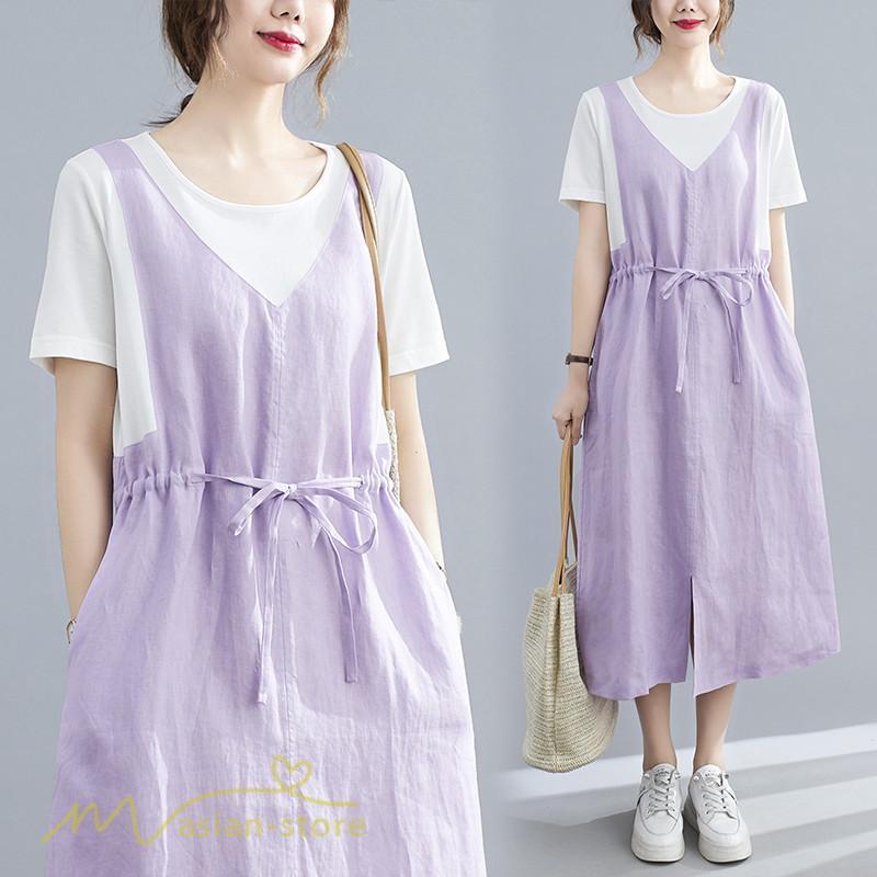 マキシ | ワンピース ロングワンピース レディース 重ね着 半袖ワンピース 切り替え 20代 30代 無地 上品 カジュアル 50代 40代 体型カバー Aラインワンピース 着痩せ