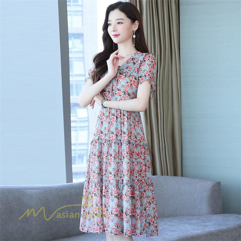 ミディアム | ワンピース レディース Aライン カジュアル Vネック サマー 半袖 ひざ丈 ミディアムワンピース 大きいサイズ 上品 花柄 着痩せ サマーワンピース 夏服