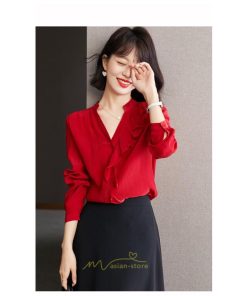 シャツ・ブラウス | ブラウス レディース シャツ トップス 赤 長袖シャツ 無地 オフィス カジュアル おしゃれ シフォン 通勤 フリル 可愛い オシャレ キレイめ ナチュラル 上品