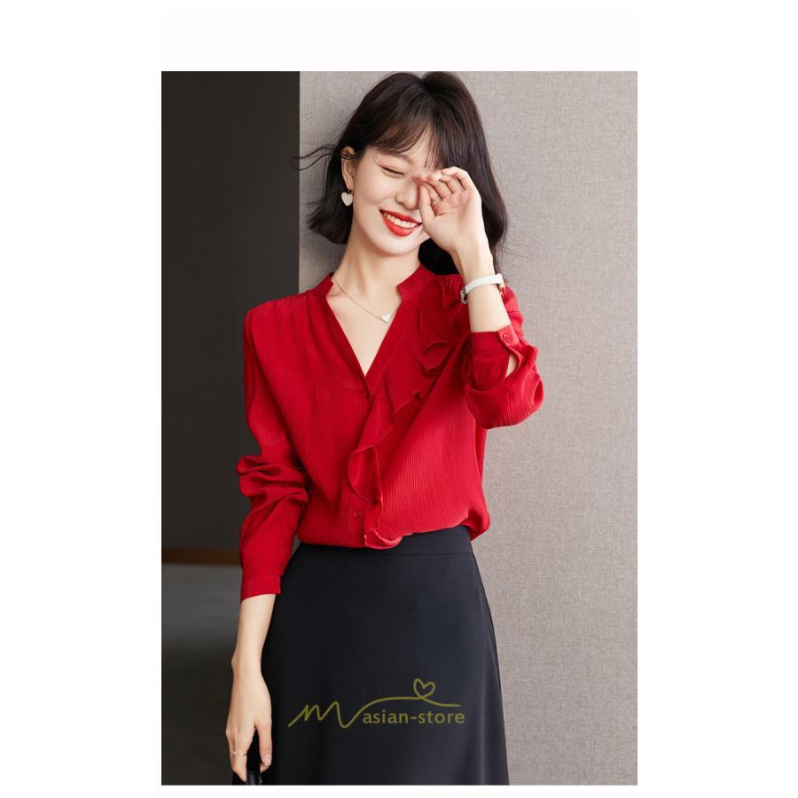 シャツ・ブラウス | ブラウス レディース シャツ トップス 赤 長袖シャツ 無地 オフィス カジュアル おしゃれ シフォン 通勤 フリル 可愛い オシャレ キレイめ ナチュラル 上品