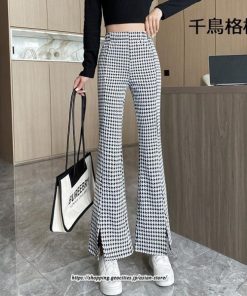 チノ・テーパード・ジョガー・スキニーパン | パンツ レディース フレアパンツ ロングパンツ 千鳥格柄 ブラック スリット カジュアル ハイウエスト お出かけ かわいい スキニーパンツ トレンド おしゃれ