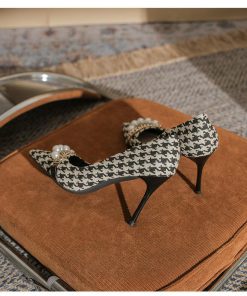 パンプス | ポインテッドトゥ ピンヒール スリップオン レディース ハイヒール グレンチェック ツイード 編みニット エレガント 22cm-24.5cm フェイクパール