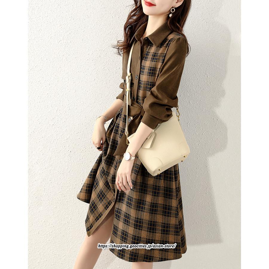 ミディアム | ワンピース レディース 40代 きれいめ シャツワンピース 秋服 長袖ワンピース チェック柄 リボンスカート オシャレ 大人 カジュアル 体型カバー 30代 50代
