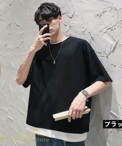 Tシャツ | メンズ 夏物 半袖 五分袖 フェイク レイヤード 重ね着 無地 おしゃれ プルオーバー オーバーサイズ しっかり ロングｔ 男 20代 カジュアル 30代