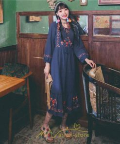 マキシ | ロングワンピース 長袖 花柄 フレア エスニック風 民族風 レトロ調 刺繍 綿麻 リゾート 旅行 レジャー お出かけ 外出 華奢魅せ 着痩せ 女子会 Vネック 同窓会