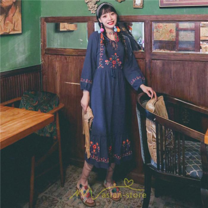 マキシ | ロングワンピース 長袖 花柄 フレア エスニック風 民族風 レトロ調 刺繍 綿麻 リゾート 旅行 レジャー お出かけ 外出 華奢魅せ 着痩せ 女子会 Vネック 同窓会