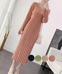 ワンピース | ニット秋冬 レディース ミモレワンピ きれいめ 膝丈下 Vネック フェミニン 長袖リブニット