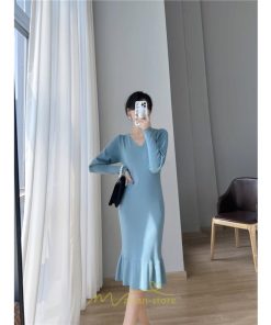 ニットワンピース | ニット ワンピース ロング Vネック ニットワンピ 長袖 ブラック 2022秋冬 ブルー マーメイド フリル セクシー 通勤 おしゃれ キレイめ ミモレ丈 上品