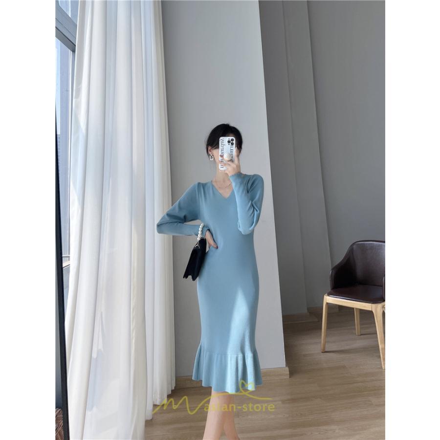 ニットワンピース | ニット ワンピース ロング Vネック ニットワンピ 長袖 ブラック 2022秋冬 ブルー マーメイド フリル セクシー 通勤 おしゃれ キレイめ ミモレ丈 上品