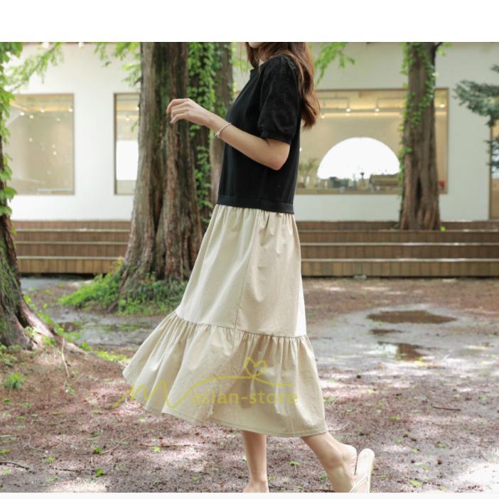 マキシ | 新作 ワンピース ロング丈 半袖 ロンTワンピース 夏ワンピ ロング丈 レイヤード風 異素材切替 ラウンドネック 体型カバー 無地 ゆったり 着痩せ 40代 50代 30代