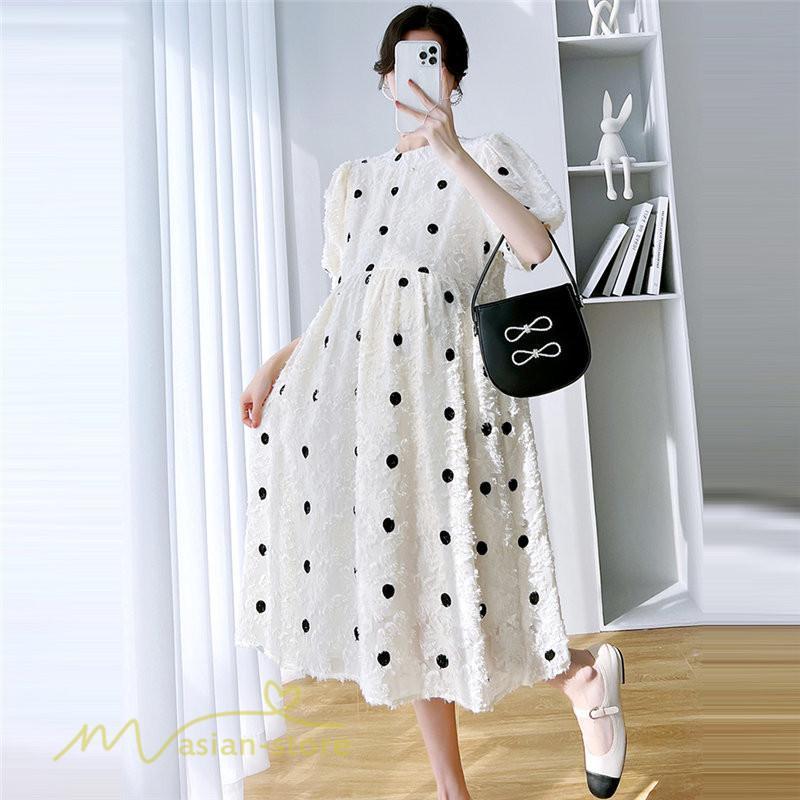 ワンピース | マタニティウェア レディース 半袖 ドット柄 着痩せ マタニティクルーネック 大きいサイズ 産前 マタニティ お出かけ 妊婦着 ゆったり