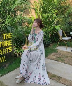 マキシ | ワンピース リゾートワンピ レディース ボヘミア風　休暇 長袖 無地 マキシ丈 復古風 上品 体型カバー  ブラック　パプール 花柄 Vネック 刺繍 ホワイト