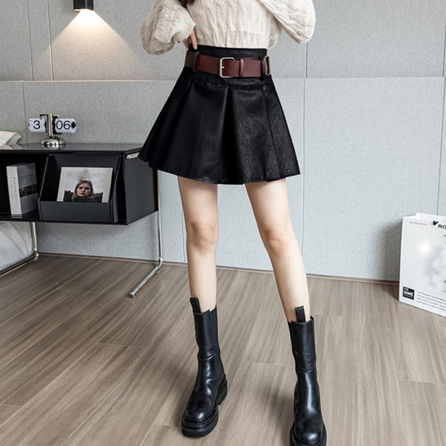 ミニスカート | プリーツレザースカート ベルト付き 秋冬