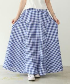 スカート | ロング夏新作 フレア切り替え チェック柄 20代30代 大人 40代50代 可愛い 60代 ゆったり 広い裾 ウエストゴム 6色 春 ダンス舞台 綿 春夏 秋