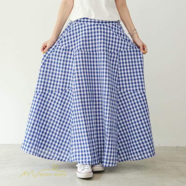 スカート | ロング夏新作 フレア切り替え チェック柄 20代30代 大人 40代50代 可愛い 60代 ゆったり 広い裾 ウエストゴム 6色 春 ダンス舞台 綿 春夏 秋