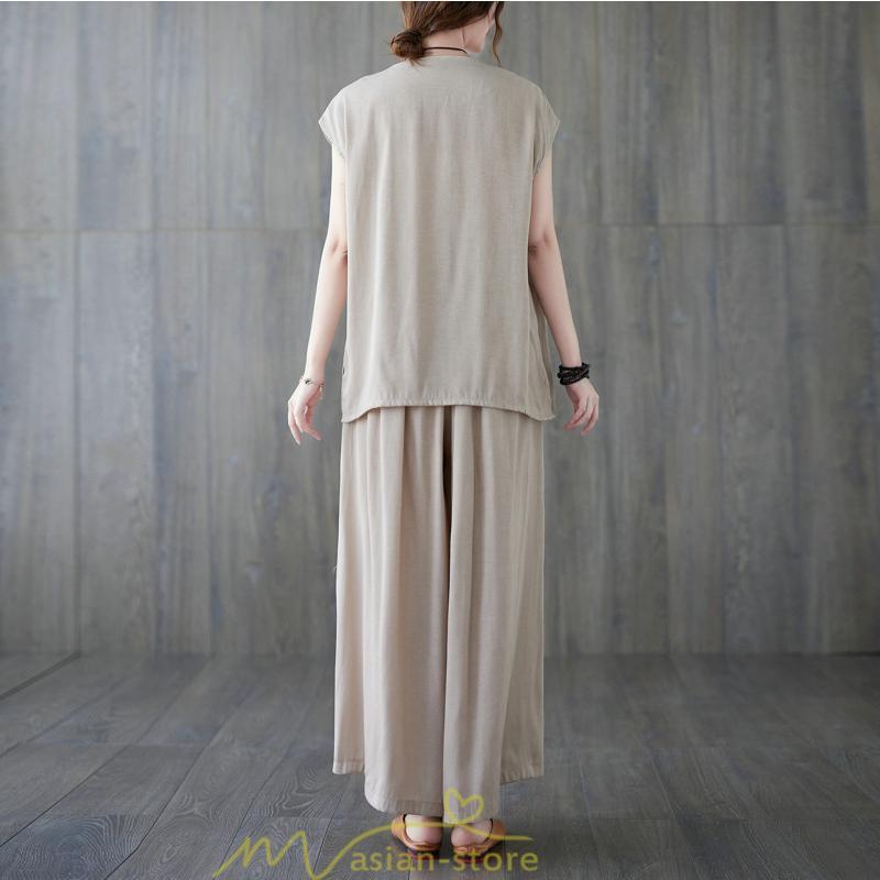 セットアップ | レディース 夏服 Tシャツ ワイドパンツ ガウチョパンツ カジュアル 無地 冷感 涼感 ブラウス トップス 30代40代 2点セット ゴム パンツ 半袖