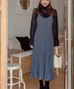 ロングスカート | ロングワンピース シンプル 無地 重ね着 フェミニン フレアキャミワンピ 着やせ レディース キャミソールワンピース プリーツ