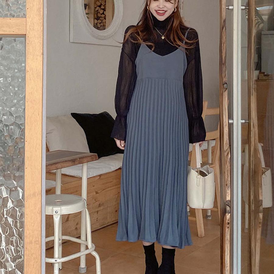 ロングスカート | ロングワンピース シンプル 無地 重ね着 フェミニン フレアキャミワンピ 着やせ レディース キャミソールワンピース プリーツ