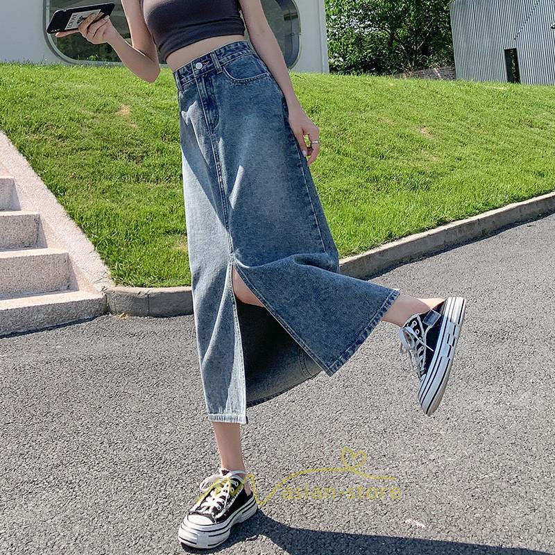 スカート | フロントスリット入れデニム秋物 レディース ロング丈 ハイウエスト タイトAライン美ライン 通学通勤 フェミニン 大人 おしゃれ
