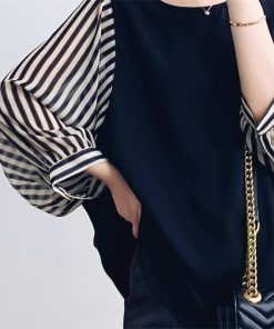 送料無料SALE | ブラウス レディース 切り替え フェイク ストライプ パフスリーブ 無地 黒 白 トップス シャツ 丸ネック 七分袖 夏服 大人 サマー 30代40代 50代 可愛い OL