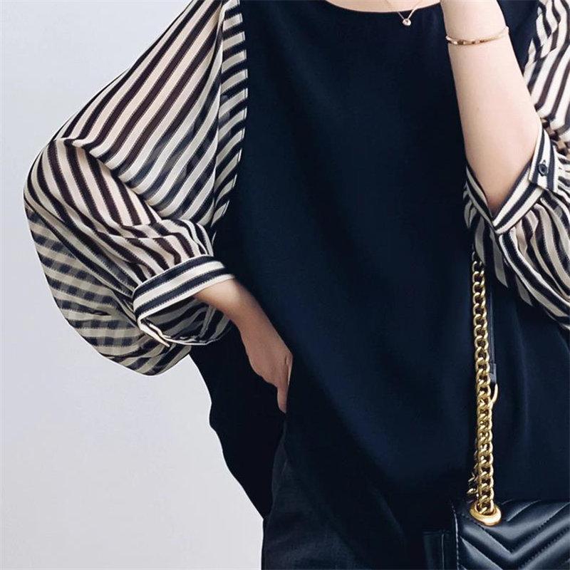 送料無料SALE | ブラウス レディース 切り替え フェイク ストライプ パフスリーブ 無地 黒 白 トップス シャツ 丸ネック 七分袖 夏服 大人 サマー 30代40代 50代 可愛い OL