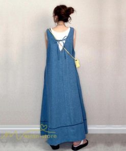 マキシ | ロングワンピース ノースリーブ 夏物 デニムワンピース マキシワンピース Aラインワンピース Vネック 薄手 無地 可愛い Denim 大人 20代30代40代 ゆったり