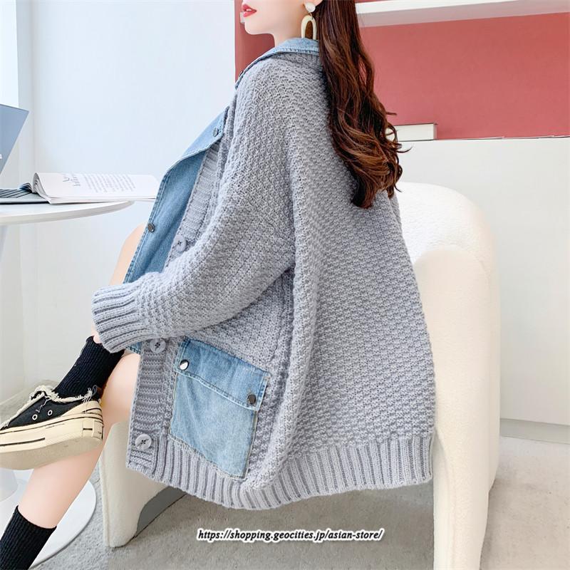コート・ジャケット | ジャケット レディース 長袖 トップス ニット ニットカーディガン 切り替え デニム アウター 配色 デザイン おしゃれ 冬 カジュアル 2022 秋 カーディガン