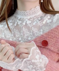 透かし編みトップス | レースブラウス レディース オシャレ シースルー きれいめ シアートップス プルオーバー セクシー プチハイネック 韓国風 長袖