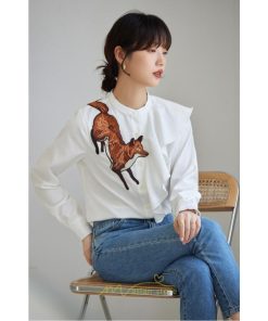 シャツ・ブラウス | ブラウス レディース オフィス 白 長袖 ビジネス カジュアル シャツ 刺繍 アニマル柄 動物柄 狐 個性的 冬 2022新作 秋 可愛い 上品 フェミニン