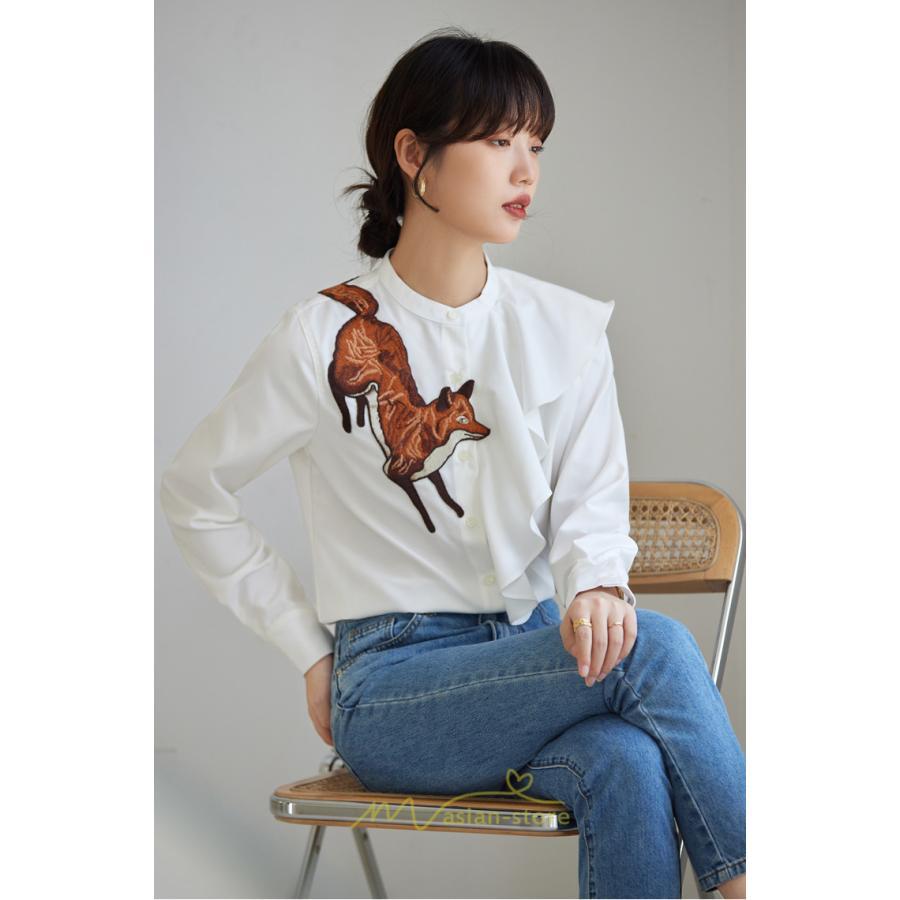 シャツ・ブラウス | ブラウス レディース オフィス 白 長袖 ビジネス カジュアル シャツ 刺繍 アニマル柄 動物柄 狐 個性的 冬 2022新作 秋 可愛い 上品 フェミニン