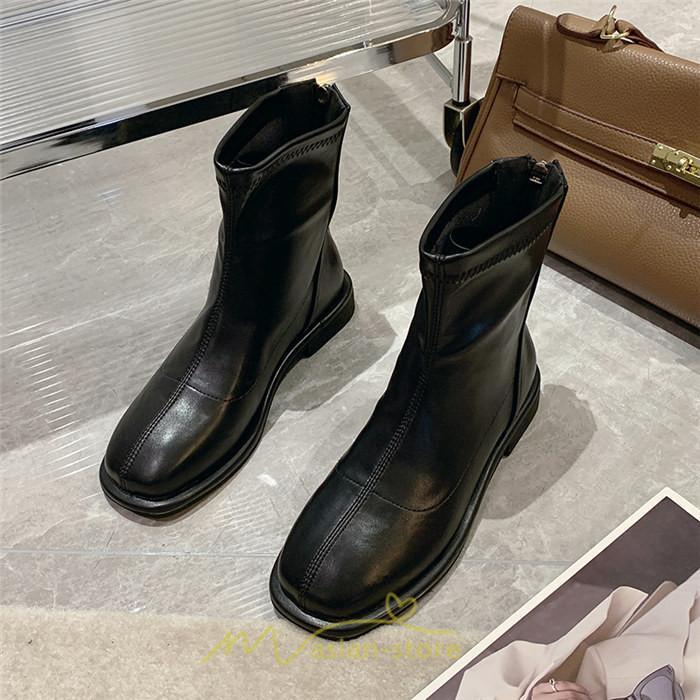 ショートブーツ | ブーツ レディース グランドトゥ 痛くない 歩きやすい 疲れない 滑りにくい 履きやすい ブラック オフホワイト カーキ ブラウン 22.5cm-25cm 黒