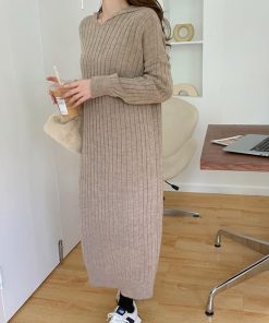 ニットワンピース | ワンピース 秋冬 太めリブニット ロングワンピース ミモレ丈 無地 フード付き 帽子 ストレッチ 大人 セーター 50代 長袖 20代30代 アウター