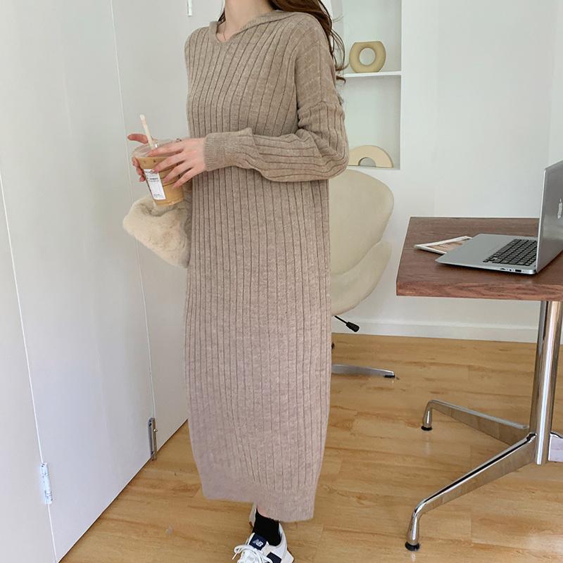 ニットワンピース | ワンピース 秋冬 太めリブニット ロングワンピース ミモレ丈 無地 フード付き 帽子 ストレッチ 大人 セーター 50代 長袖 20代30代 アウター